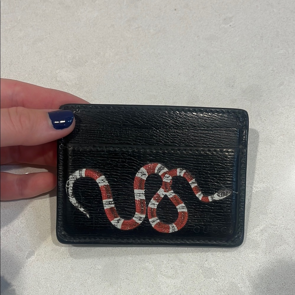 Gucci Black Leather Card Holder with Red Snake